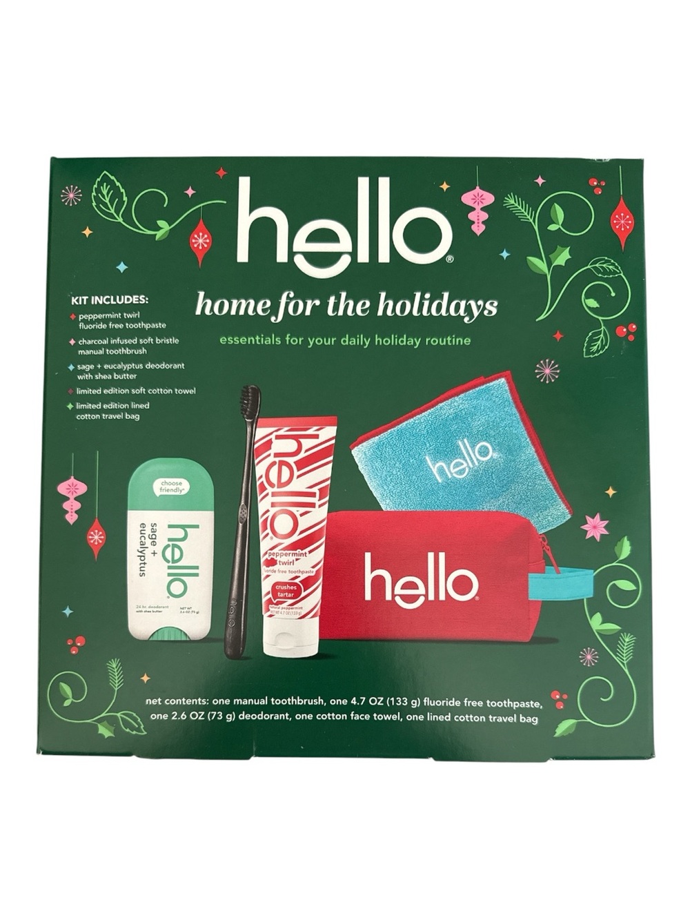 Hello Kit Travel Bag, Deodorant, Towel, Toothbrush, Toothpaste